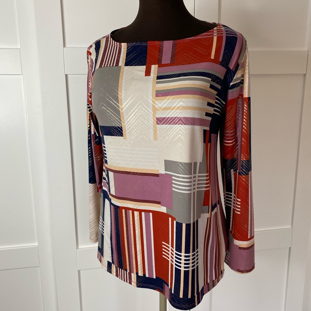 Jostar Stretchy Colorblock Geometric Golden Detail 3/4 Sleeves Tunic - Picture 3 of 10